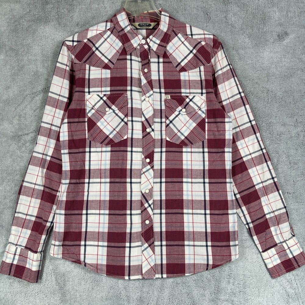 Salt‎ Valley Western Shirt Mens Medium Maroon White Plaid Long Sleeve Pearl Snap